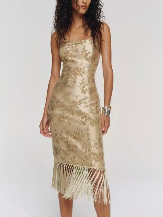Reformation Dresses & Skirts - Reformation Maribel Midi Dress US2 Heirloom Gold Floral Fringe Party Cocktail